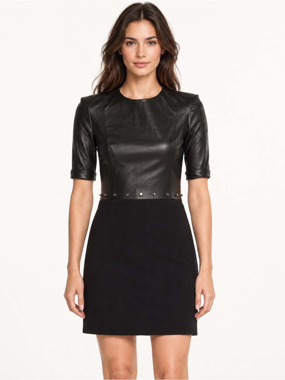 MUGLER Paris Mixed Media Lambskin Leather Studded Dress FR 38 / US 6 NWT
